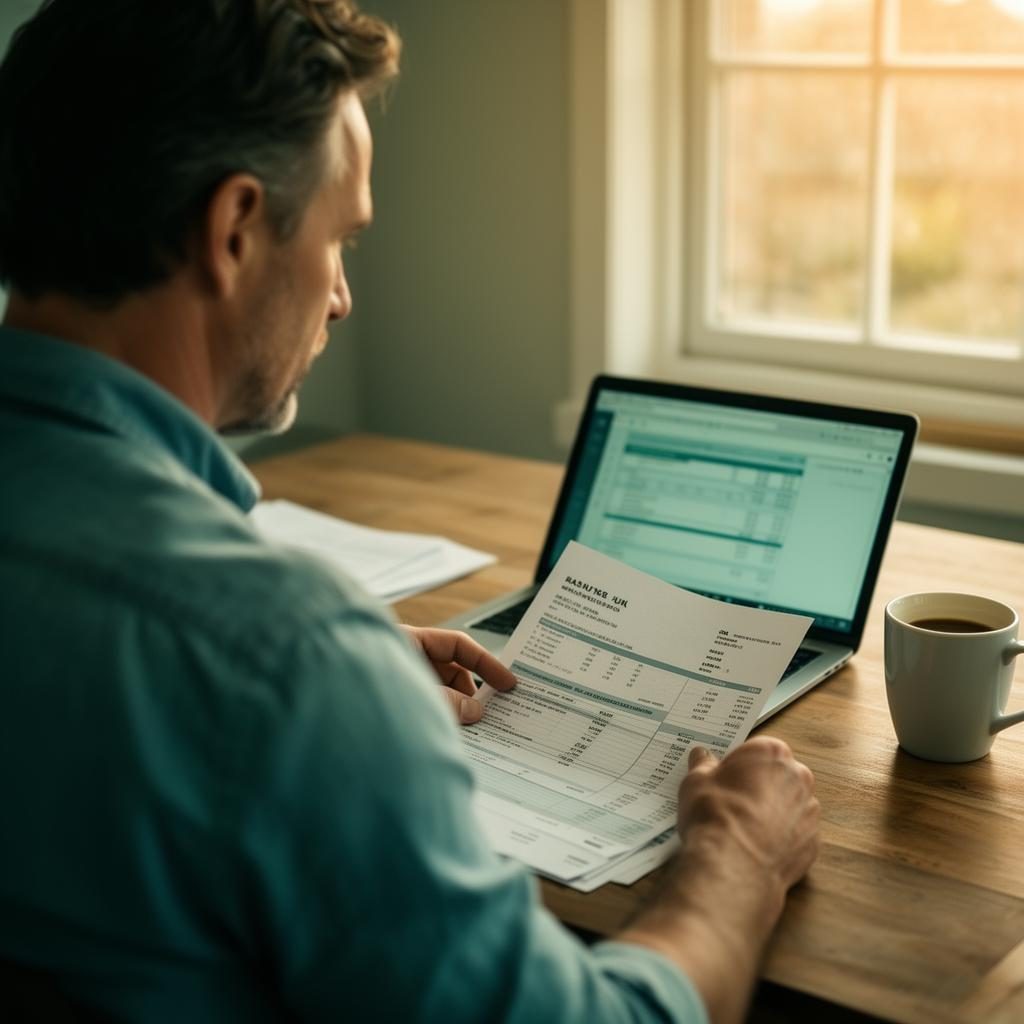 A person reviewing financial statements at home