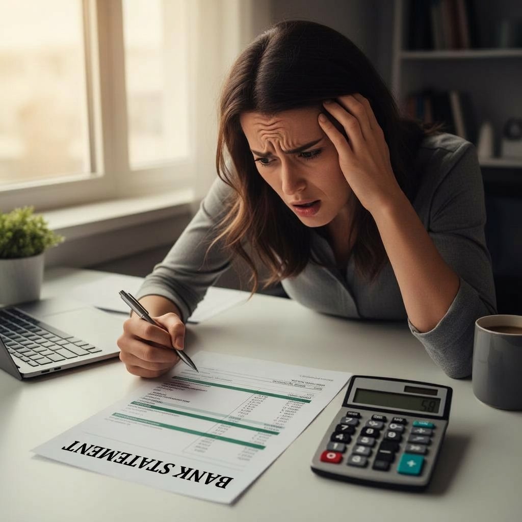 A person reviewing a bank statement at home